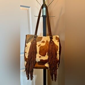 🌾 Patricia Nash Cow Print Leather Suede Fringe Bohemian Tote